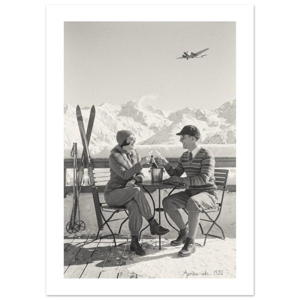 Couple toasting with champagne on a snowy alpine terrace, 1932 style black and white photo print