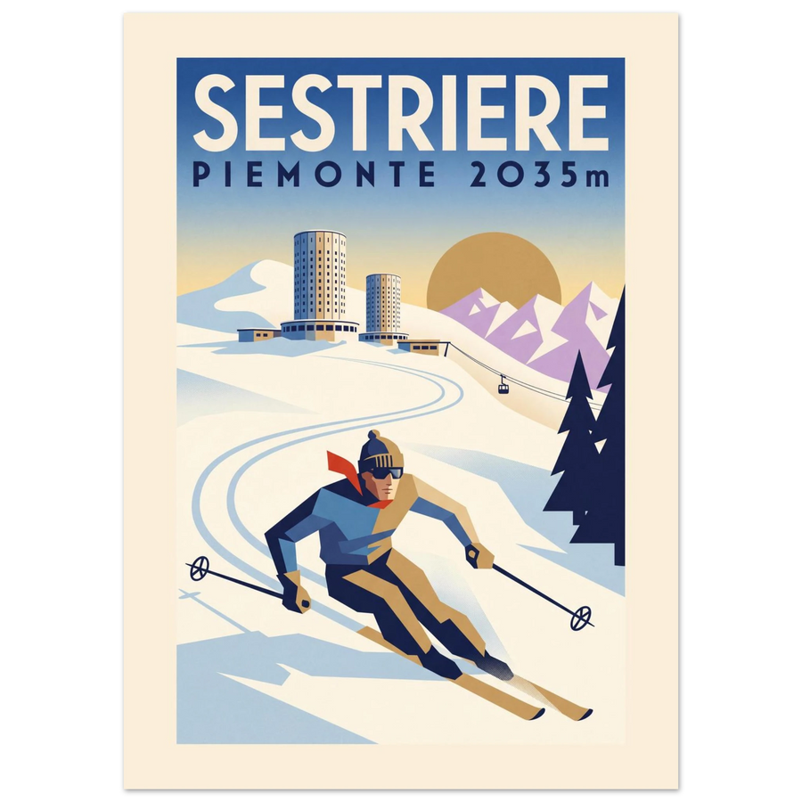 Sestriere Art Deco ski poster with the round tower hotels, a cable car and a skier