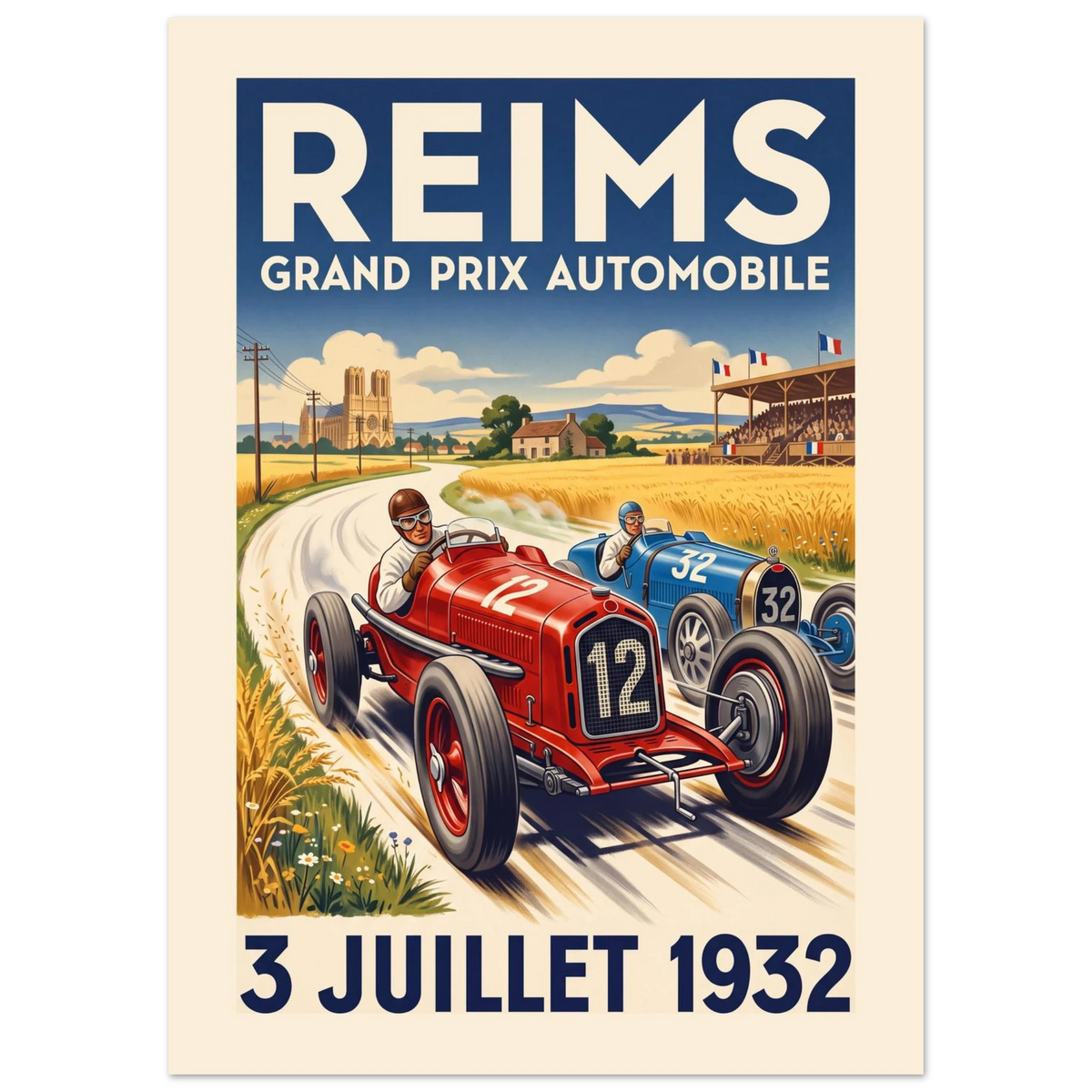 Reims 1932 Grand Prix vintage poster, red and blue 1930s racing cars side by side through wheat fields, Art Deco lettering