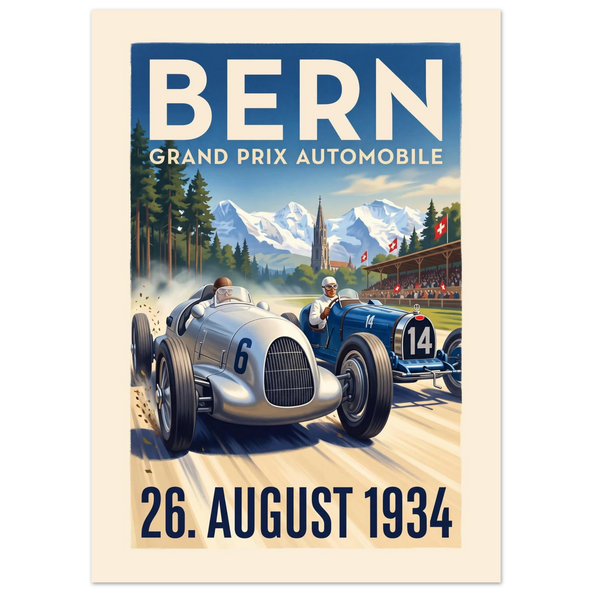 Bern 1934 Grand Prix vintage poster, silver and blue 1930s racing cars in the forest with Bern Minster and the Alps