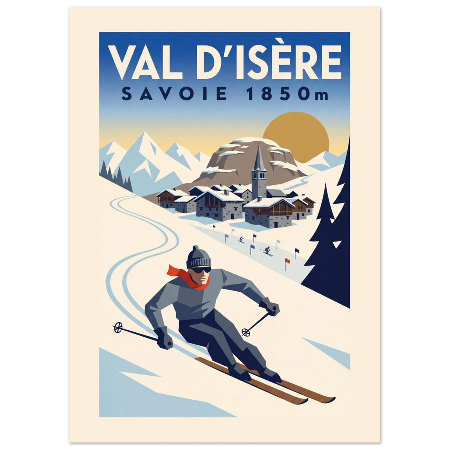 Val d'Isère Art Deco ski poster with the stone church, Bellevarde dome and a skier