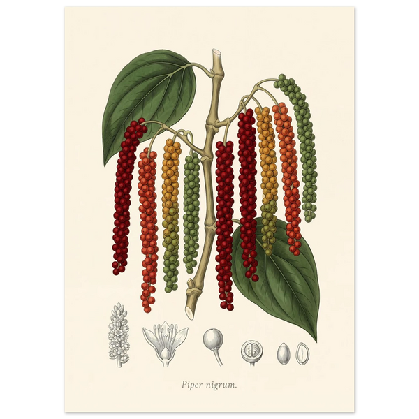 Piper Nigrum black pepper antique botanical plate poster