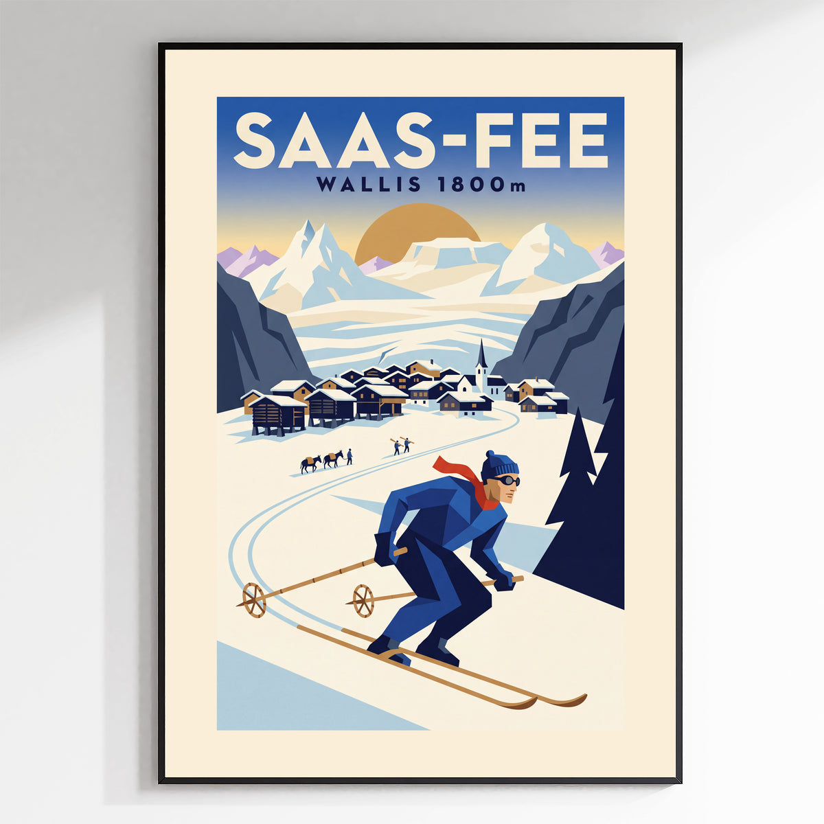 Saas-Fee, Wallis 1800m - Art Deco Ski Poster