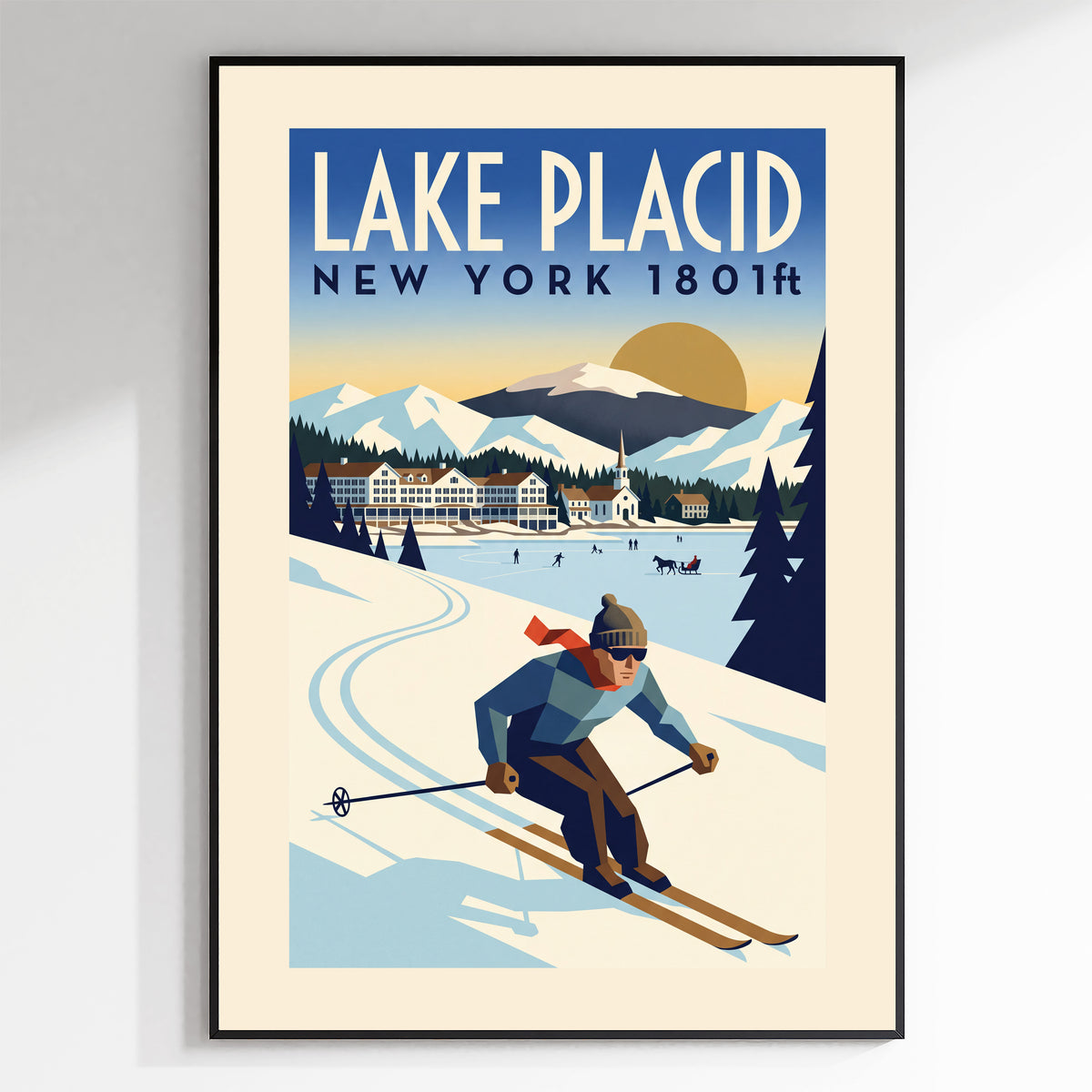Lake Placid, New York 1801ft - Art Deco Ski Poster