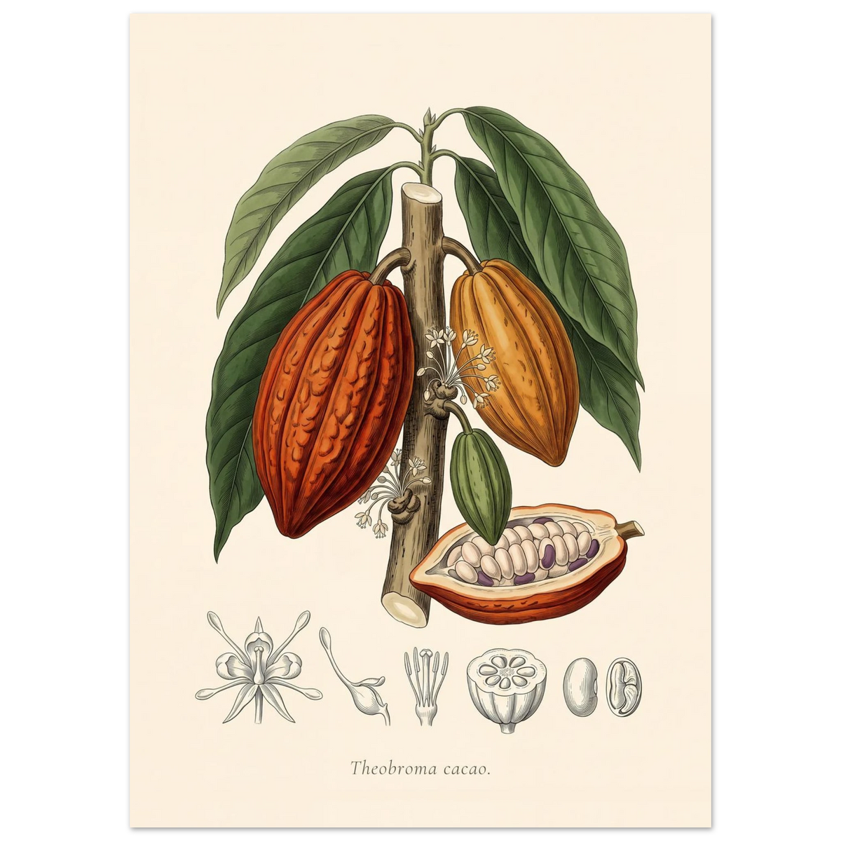 Theobroma Cacao cocoa tree antique botanical plate poster