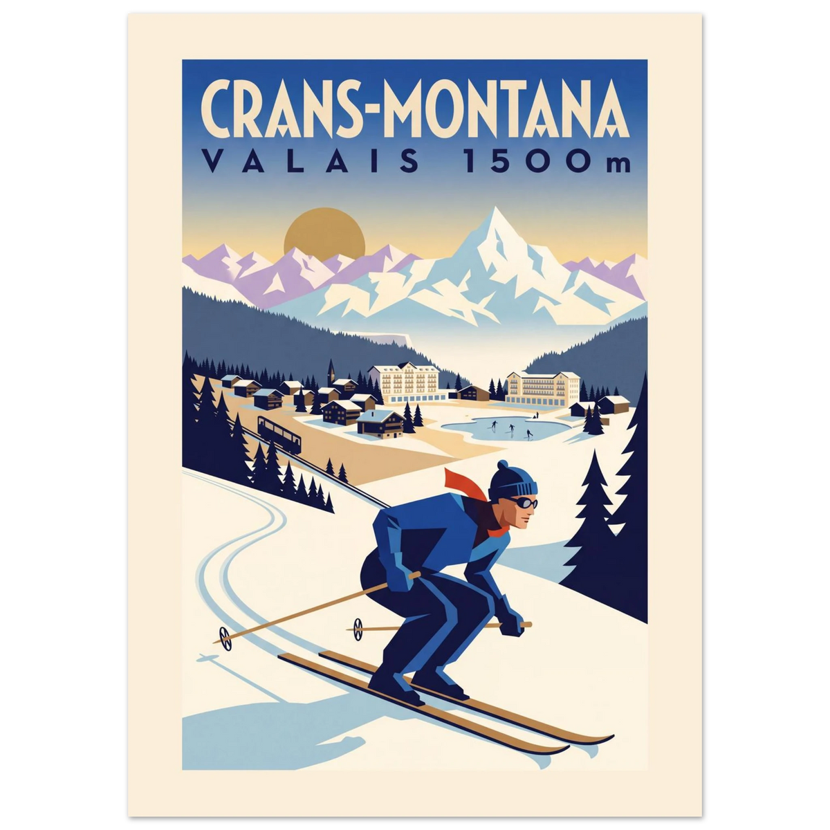 Crans-Montana Art Deco ski poster with the plateau hotels, Valais peaks and a skier