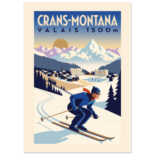 Crans-Montana Art Deco ski poster with the plateau hotels, Valais peaks and a skier