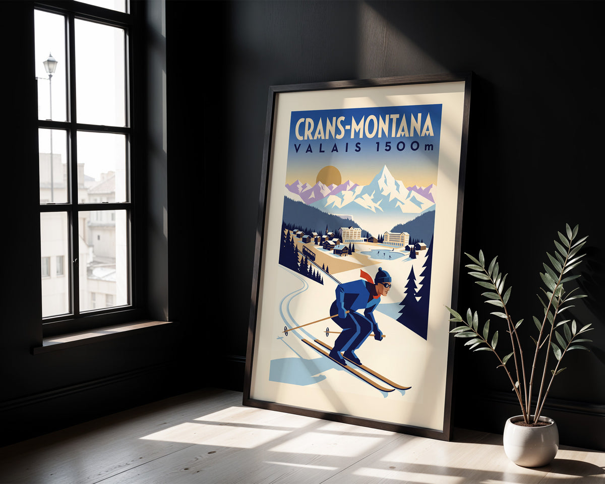 Crans-Montana, Valais 1500m - Art Deco Ski Poster