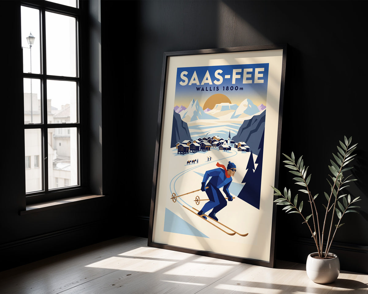 Saas-Fee, Wallis 1800m - Art Deco Ski Poster