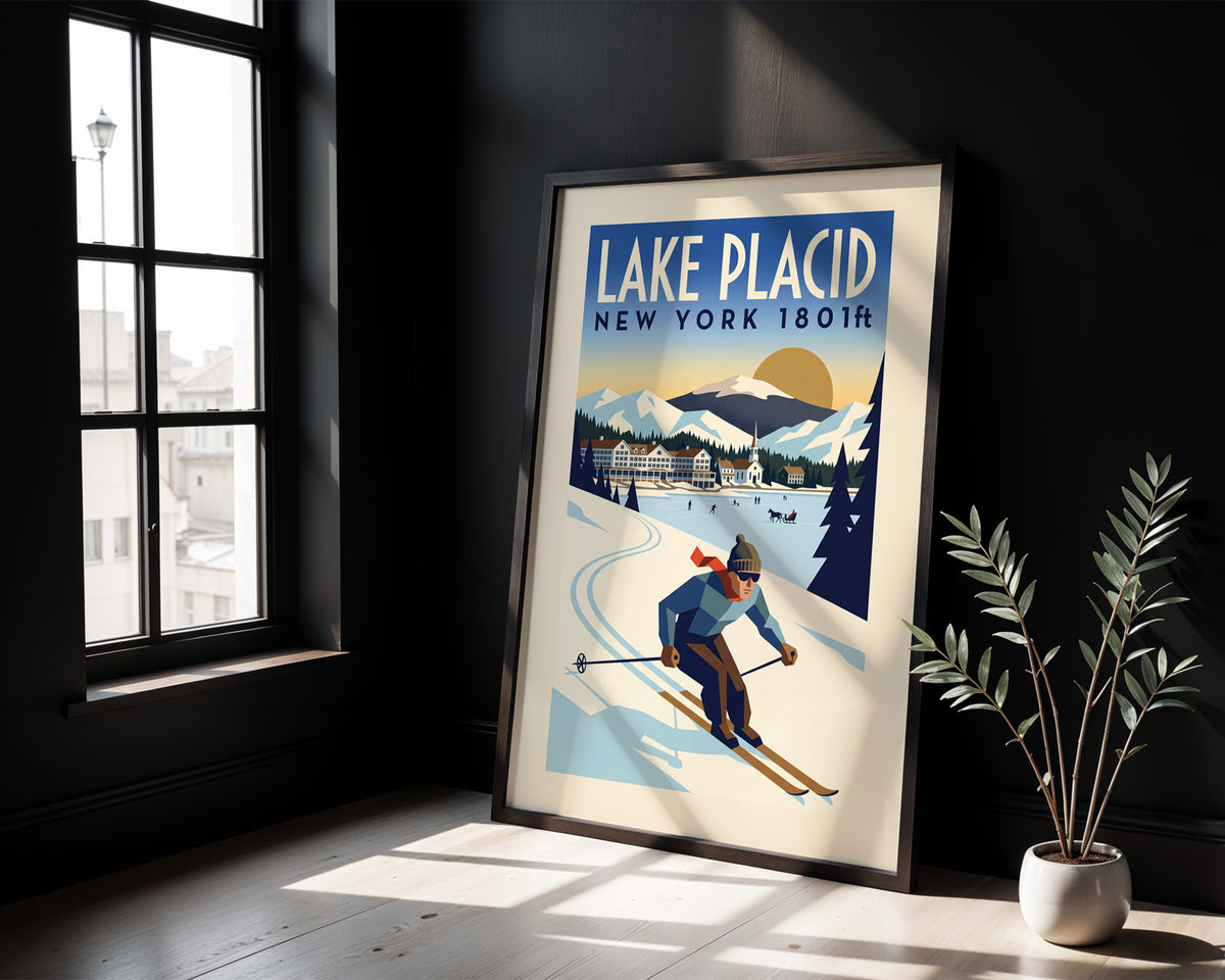 Lake Placid, New York 1801ft - Art Deco Ski Poster