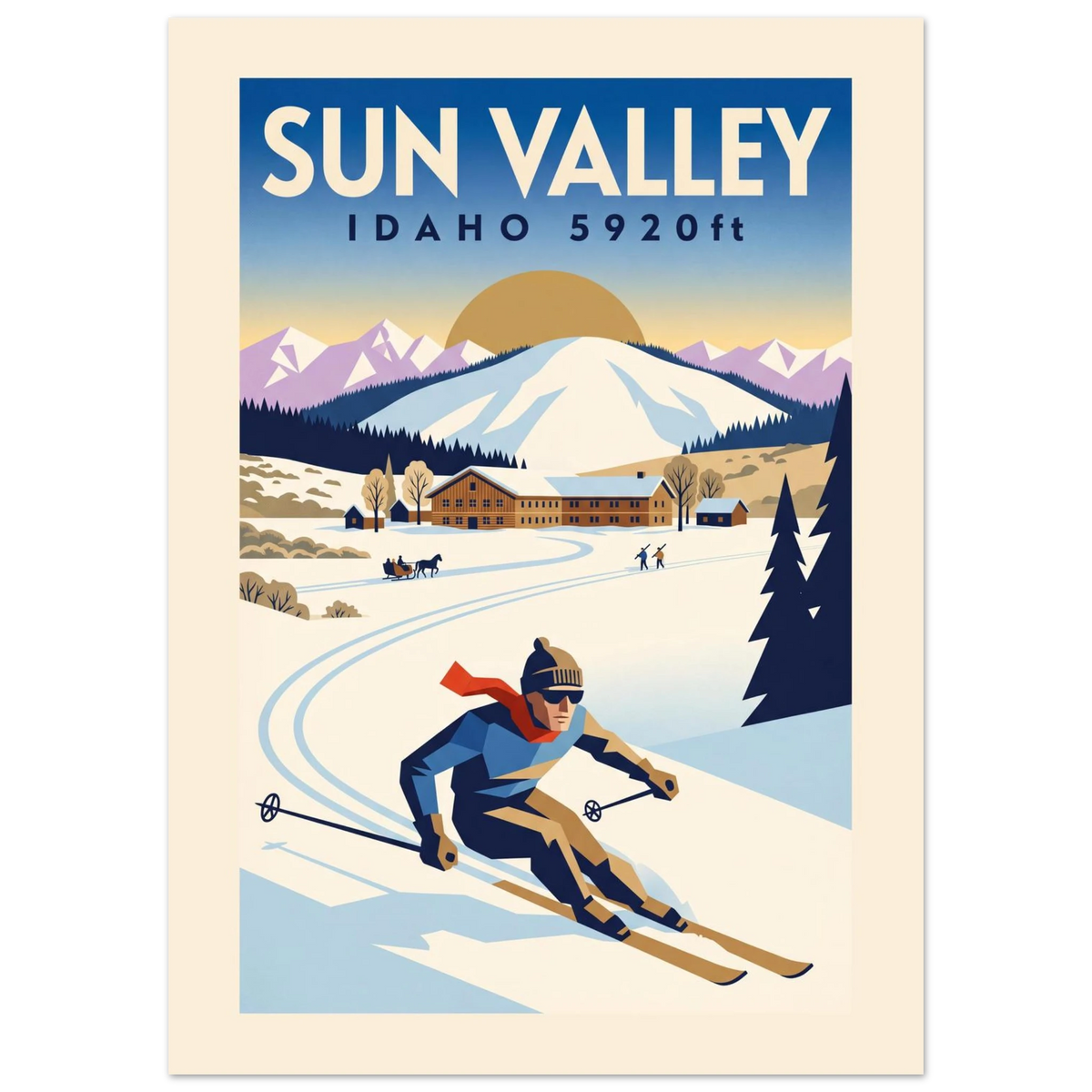 Sun Valley Art Deco ski poster with timber lodge, the rounded home mountain and a skier