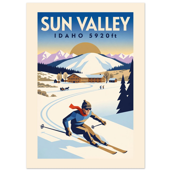 Sun Valley Art Deco ski poster with timber lodge, the rounded home mountain and a skier