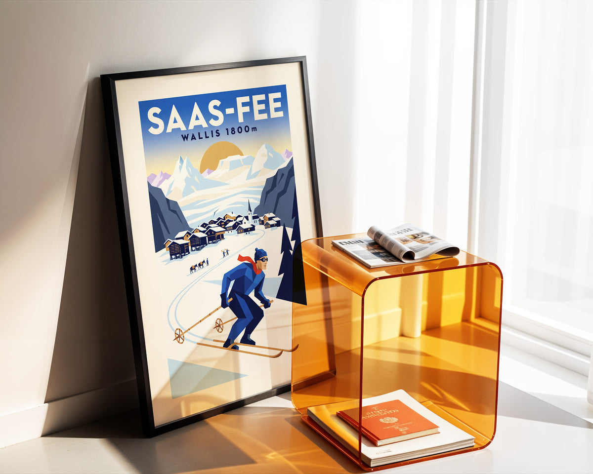 Saas-Fee, Wallis 1800m - Art Deco Ski Poster
