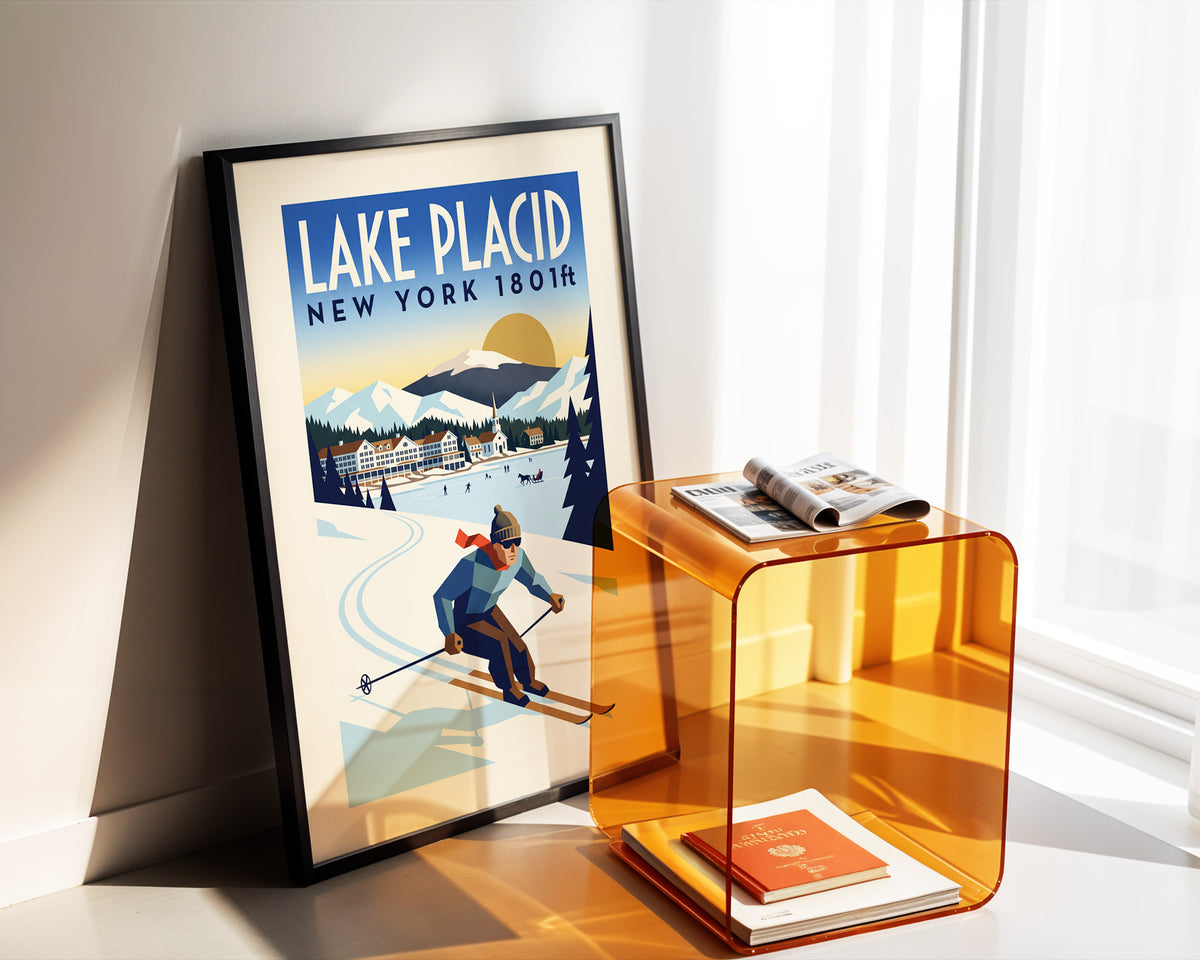 Lake Placid, New York 1801ft - Art Deco Ski Poster