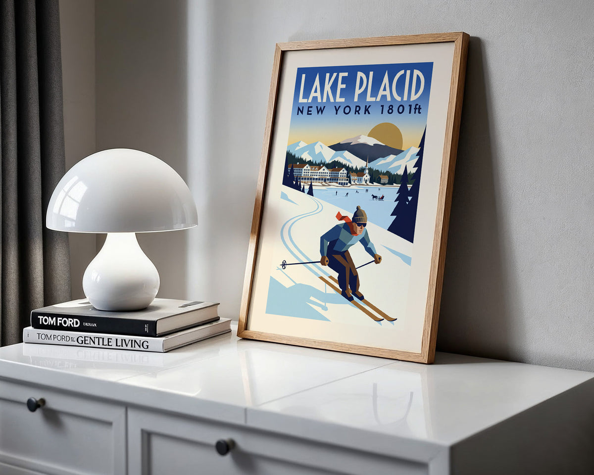 Lake Placid, New York 1801ft - Art Deco Ski Poster
