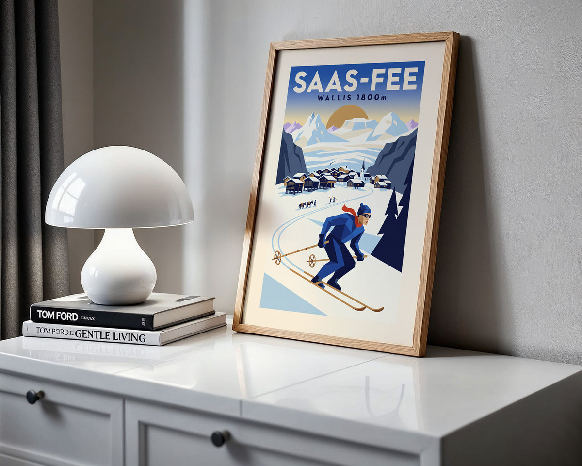 Saas-Fee, Wallis 1800m - Art Deco Ski Poster