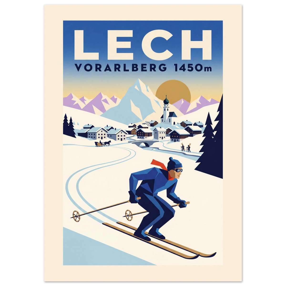 Lech Art Deco ski poster with the onion-domed church, stone bridge and a skier