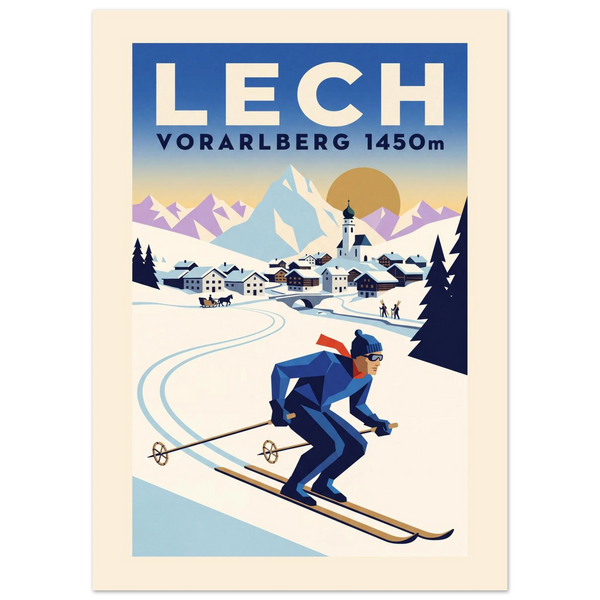Lech Art Deco ski poster with the onion-domed church, stone bridge and a skier