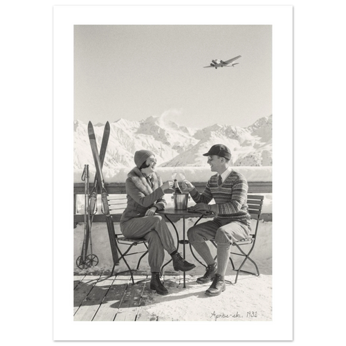 Couple toasting with champagne on a snowy alpine terrace, 1932 style black and white photo print