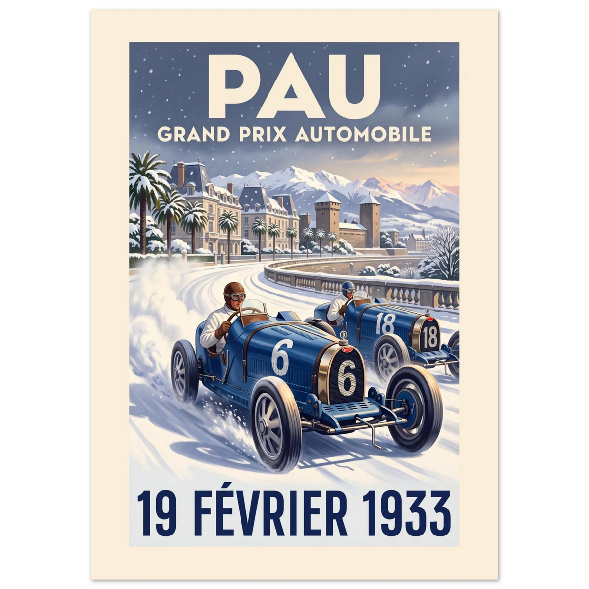 Pau 1933 Grand Prix vintage poster, two blue 1930s racing cars side by side in the snow, Art Deco lettering