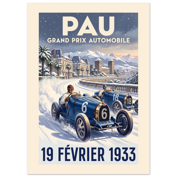 Pau 1933 Grand Prix vintage poster, two blue 1930s racing cars side by side in the snow, Art Deco lettering