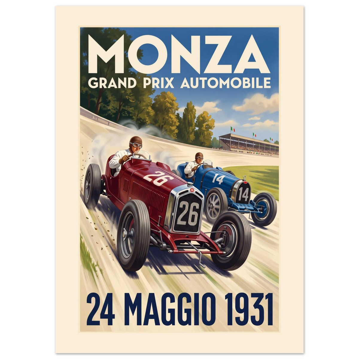 Monza 1931 Grand Prix vintage poster, red and blue 1930s racing cars side by side on the banked curve, Art Deco lettering