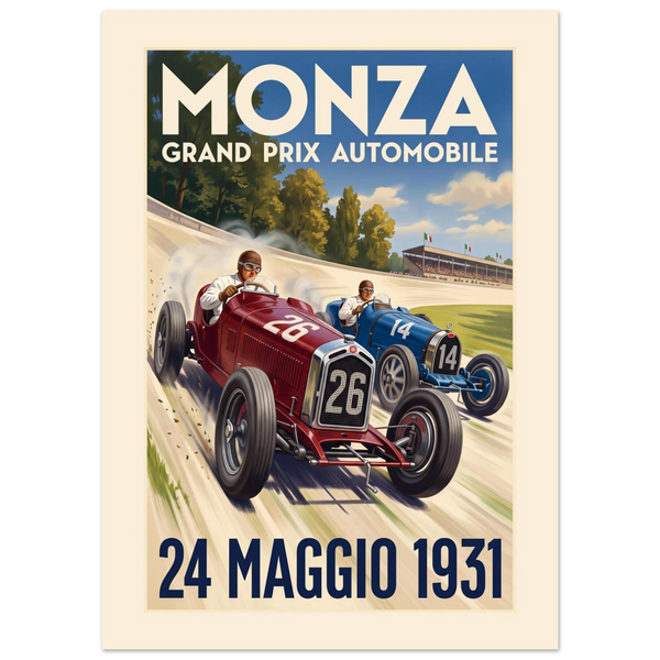 Monza 1931 Grand Prix vintage poster, red and blue 1930s racing cars side by side on the banked curve, Art Deco lettering