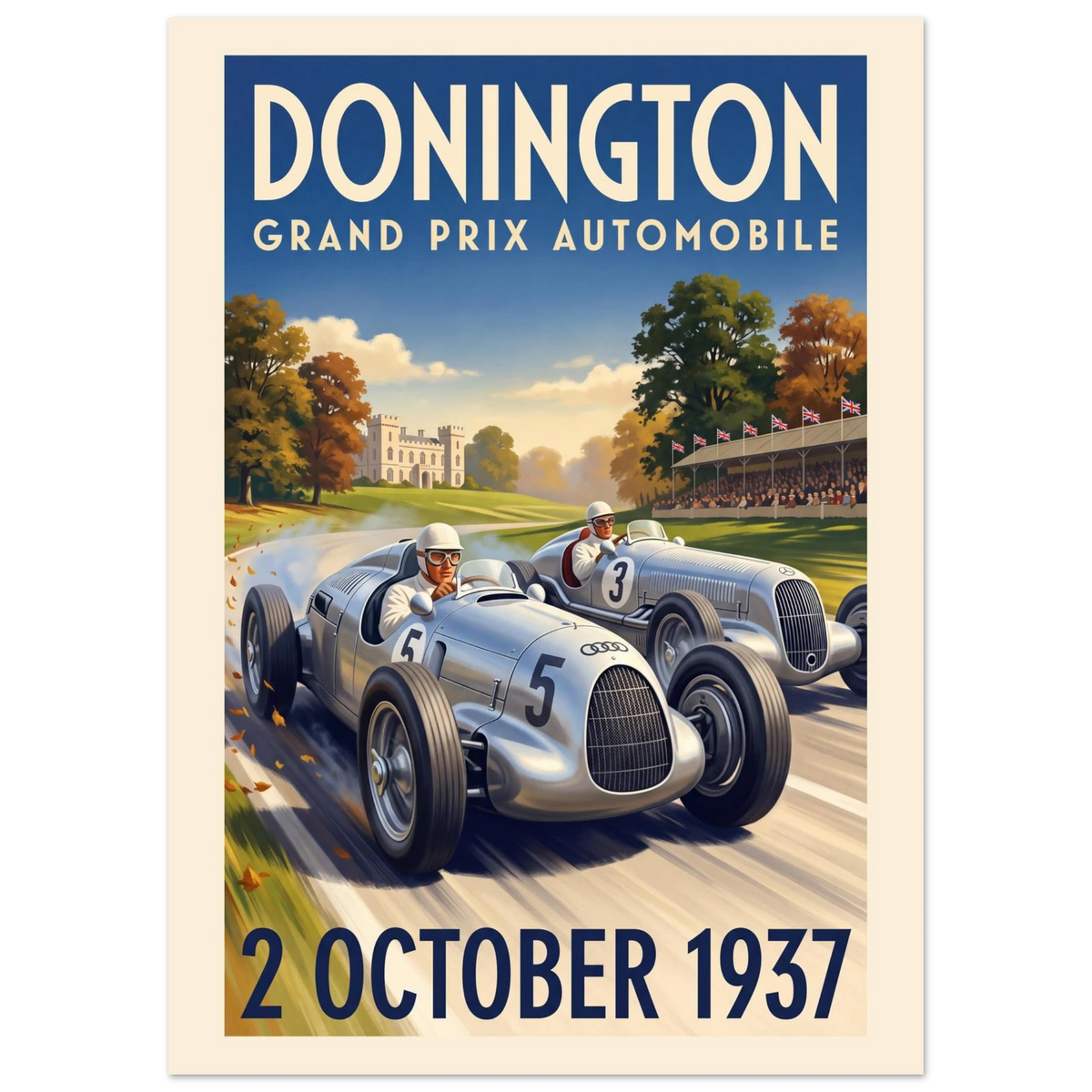 Donington 1937 Grand Prix vintage poster, two silver 1930s racing cars side by side in autumn parkland
