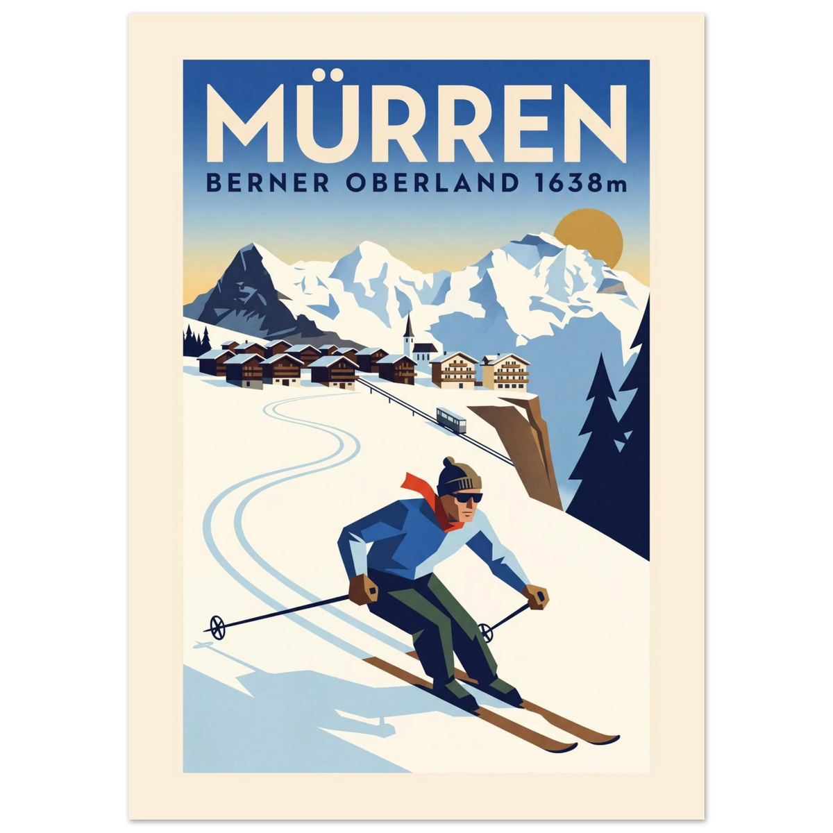 Mürren Art Deco ski poster on its cliff shelf with the Eiger, Mönch and Jungfrau and a skier