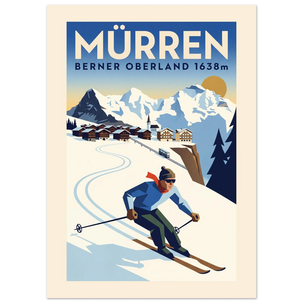 Mürren Art Deco ski poster on its cliff shelf with the Eiger, Mönch and Jungfrau and a skier