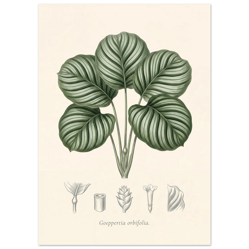 Calathea orbifolia botanical plate, antique engraving style, Goeppertia orbifolia