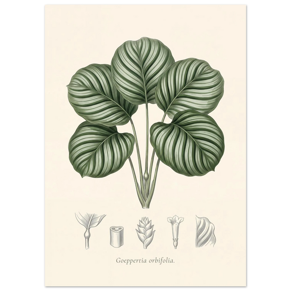 Calathea orbifolia botanical plate, antique engraving style, Goeppertia orbifolia