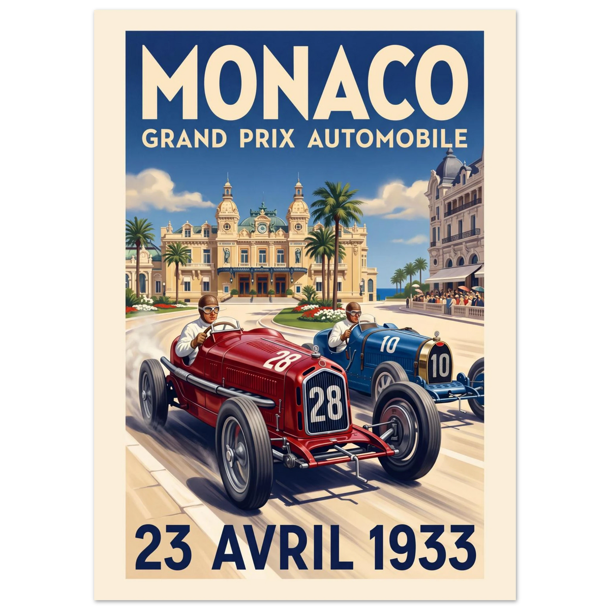 Monaco 1933 Grand Prix vintage poster, red and blue 1930s racing cars side by side in front of the Casino