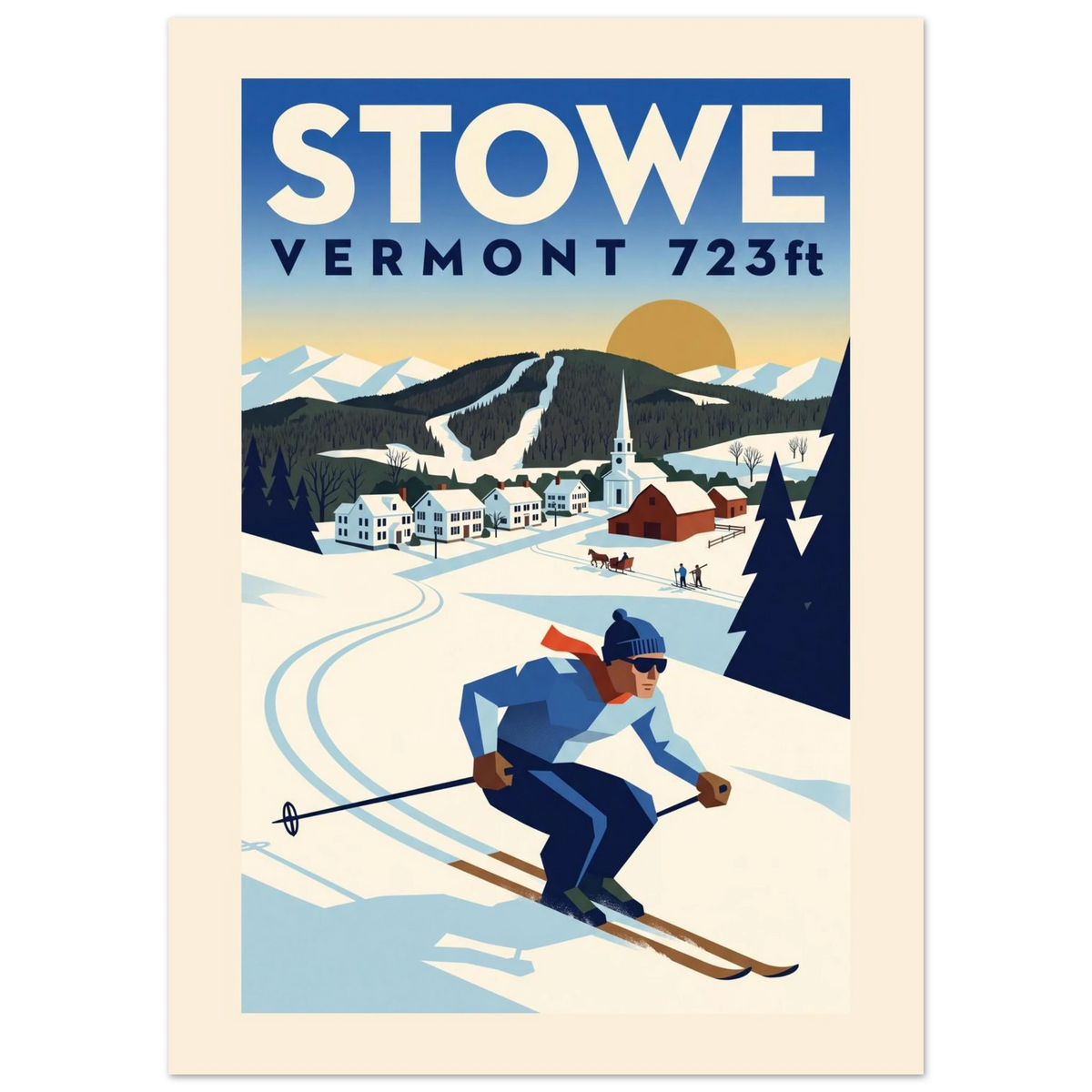 Stowe Art Deco ski poster with the white steeple, red barn, Green Mountains and a skier