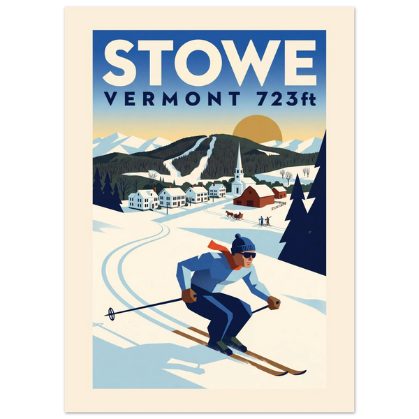 Stowe Art Deco ski poster with the white steeple, red barn, Green Mountains and a skier