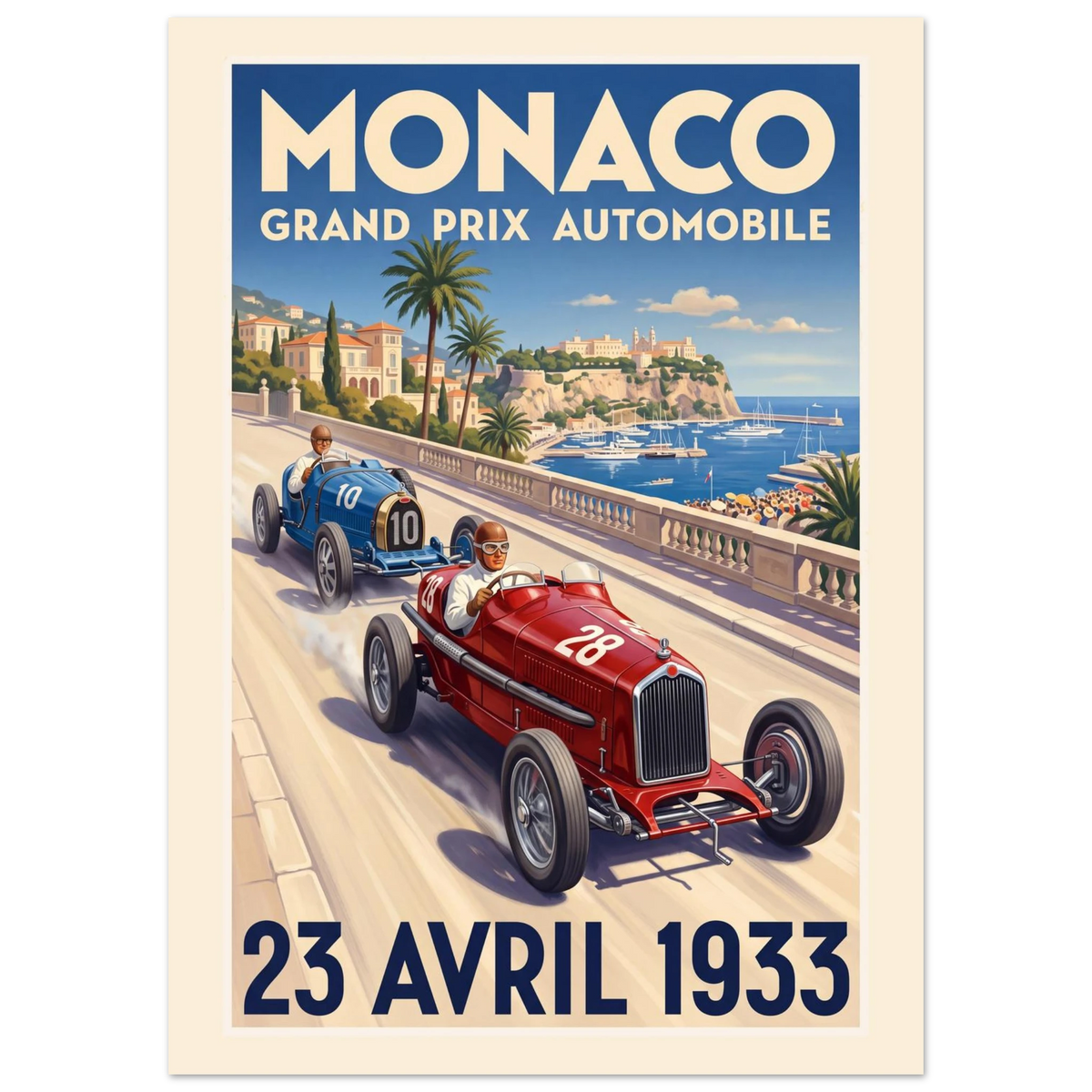 Monaco 1933 Grand Prix vintage poster, red and blue 1930s racing cars above the harbour and the Rock