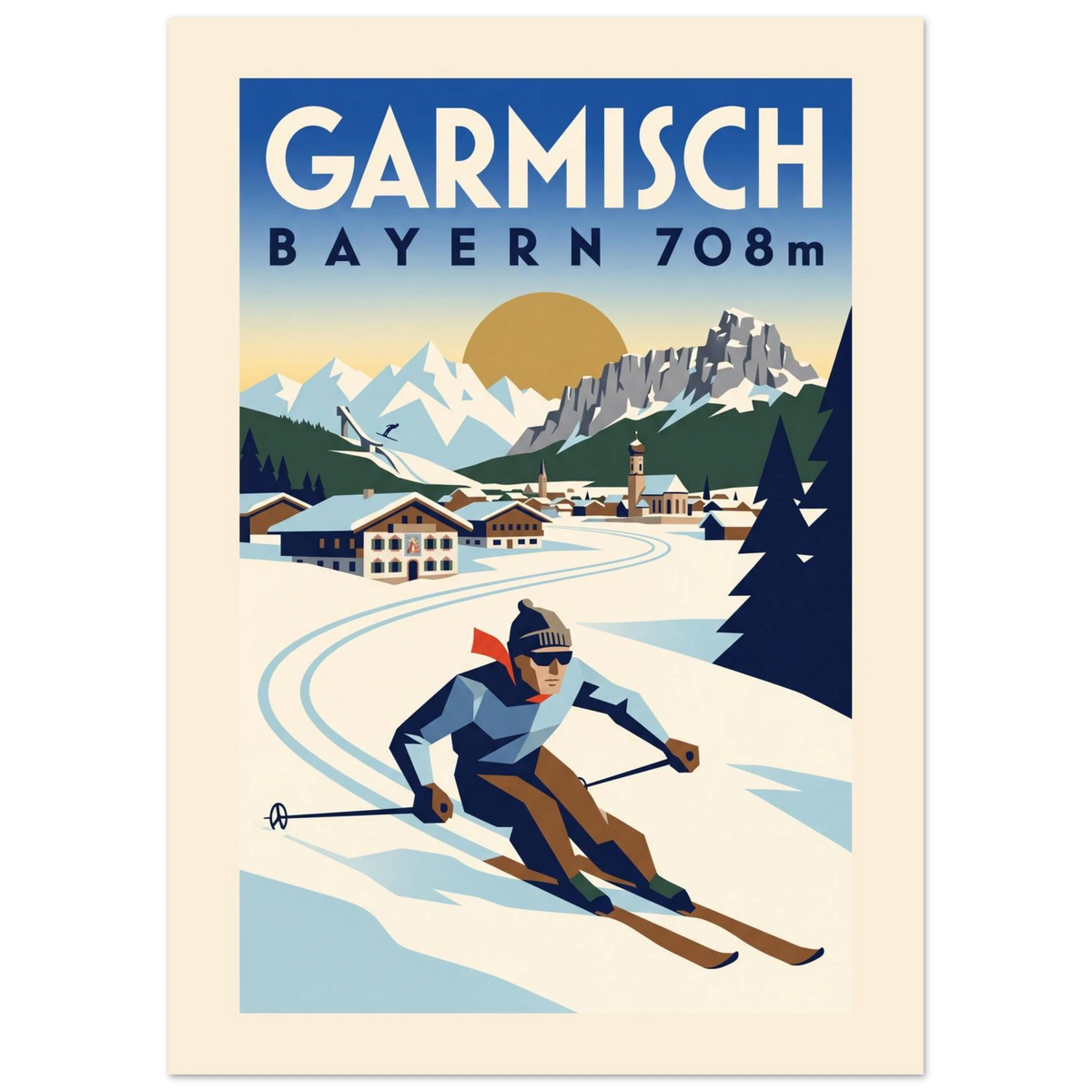 Garmisch Art Deco ski poster with painted Bavarian houses, a ski jumper and a skier