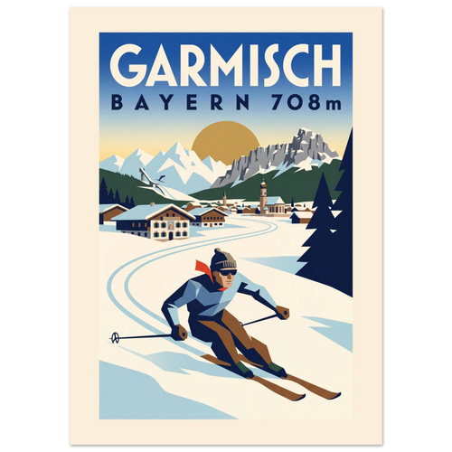 Garmisch Art Deco ski poster with painted Bavarian houses, a ski jumper and a skier