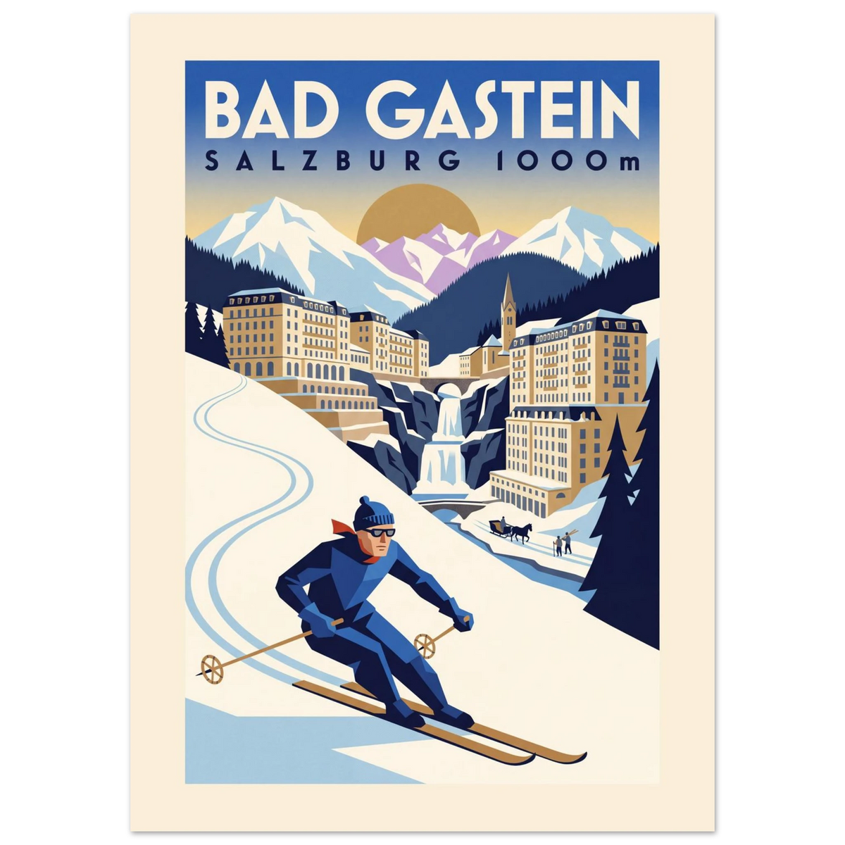 Bad Gastein Art Deco ski poster with belle-époque hotels above the waterfall and a skier