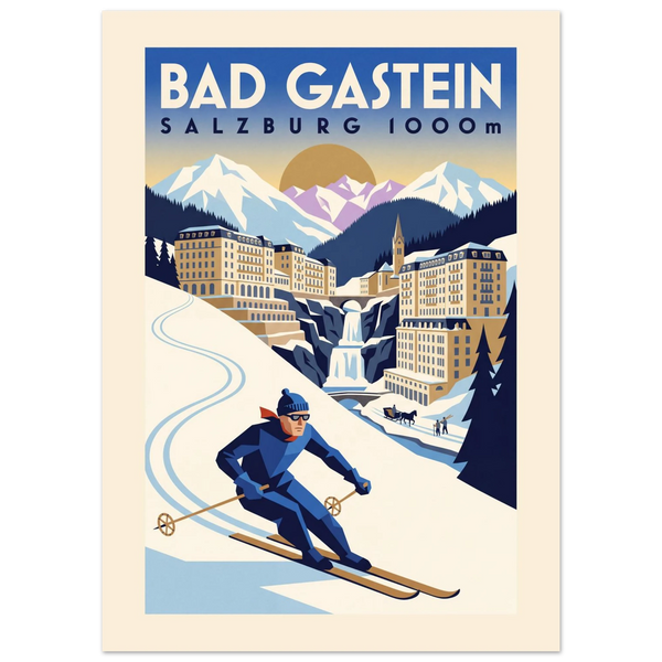 Bad Gastein Art Deco ski poster with belle-époque hotels above the waterfall and a skier