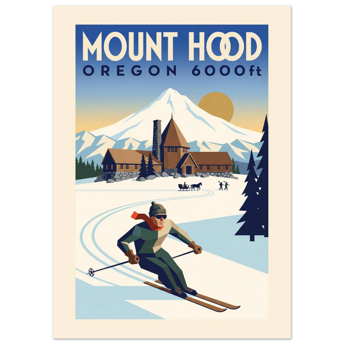 Mount Hood Art Deco ski poster with timber lodge, the white cone and a skier