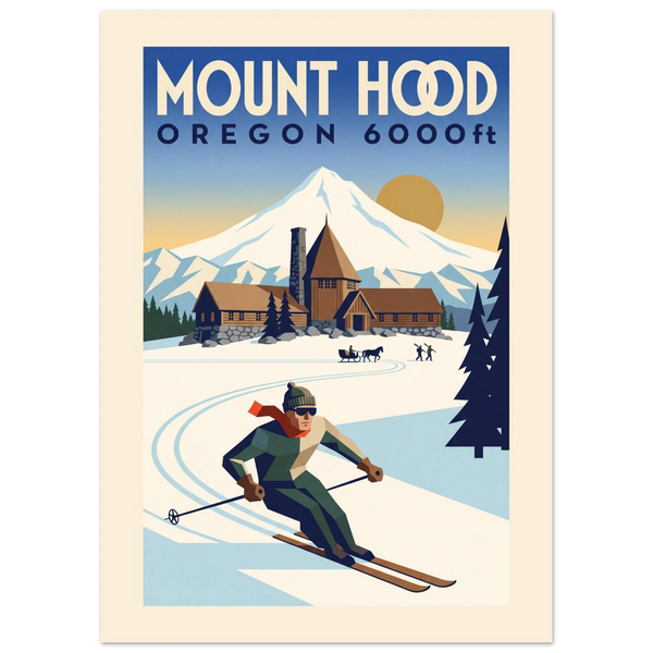 Mount Hood Art Deco ski poster with timber lodge, the white cone and a skier