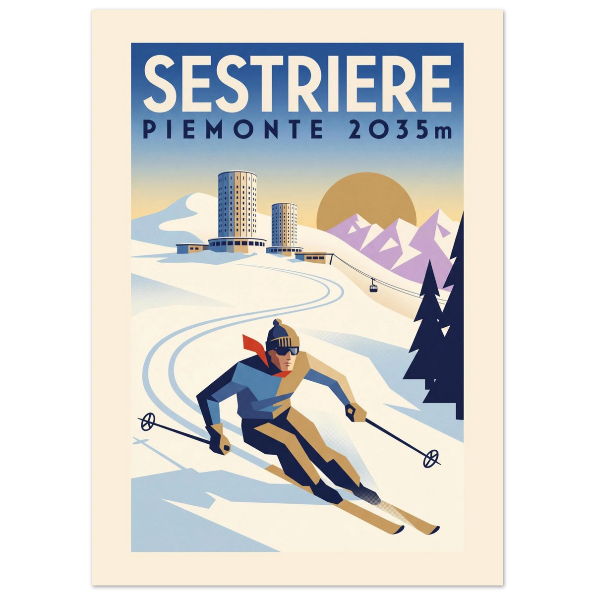 Sestriere Art Deco ski poster with the round tower hotels, a cable car and a skier