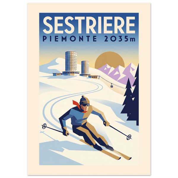Sestriere Art Deco ski poster with the round tower hotels, a cable car and a skier