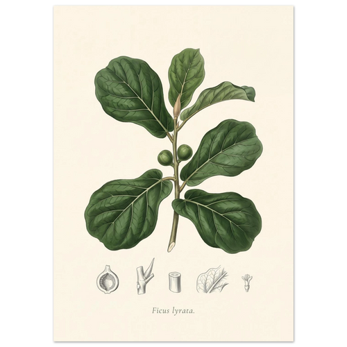 Fiddle leaf fig botanical plate, antique engraving style, Ficus lyrata