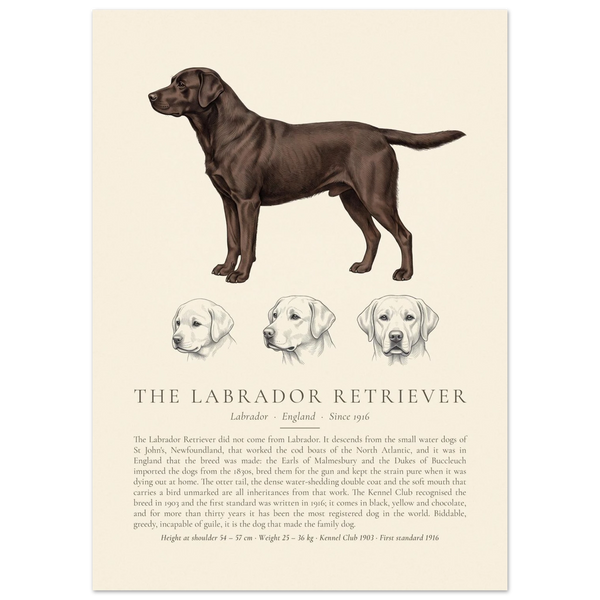 Chocolate Labrador Retriever breed plate with three ink head studies, The Kennel Book