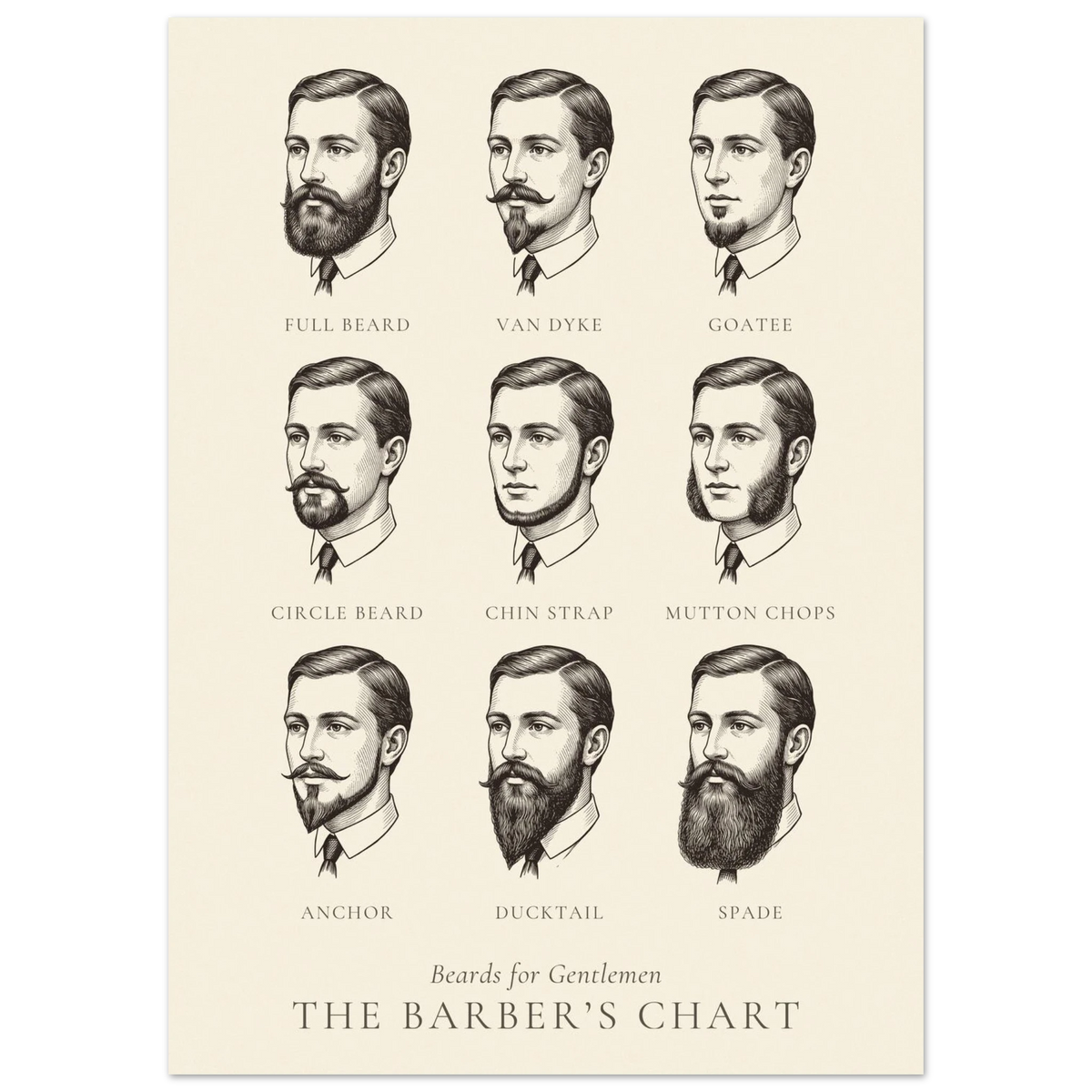 Beards for gentlemen chart, named beard styles in antique engraving style, The Barber's Chart