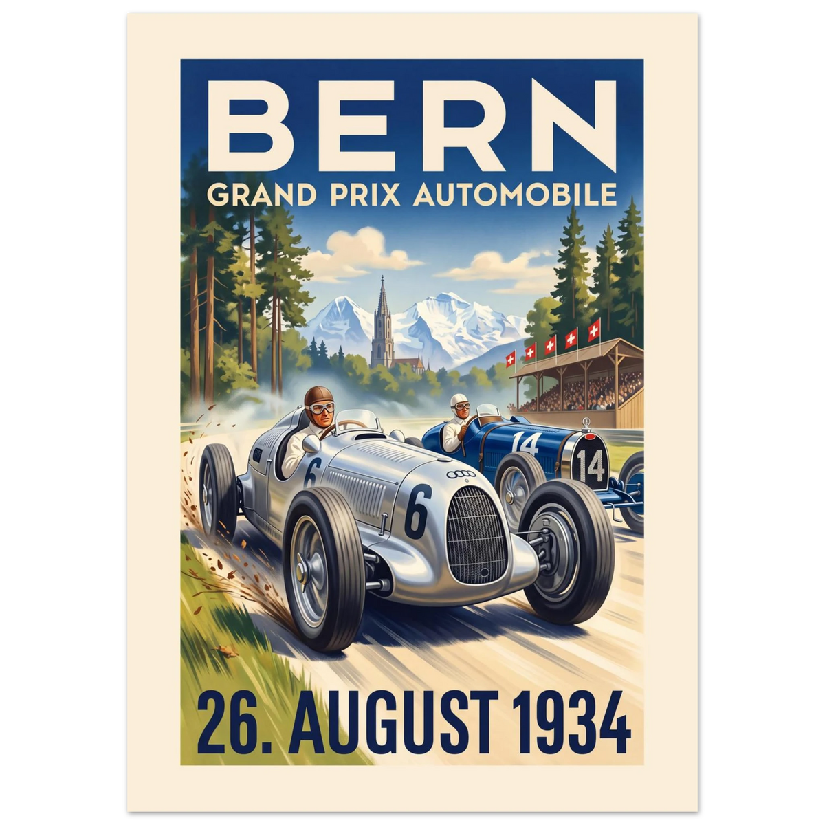 Bern 1934 Grand Prix vintage poster, silver and blue 1930s racing cars in the Bremgarten forest with Swiss flags