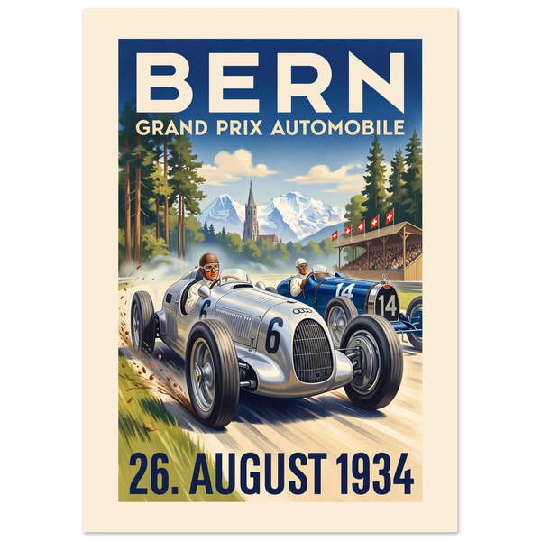 Bern 1934 Grand Prix vintage poster, silver and blue 1930s racing cars in the Bremgarten forest with Swiss flags