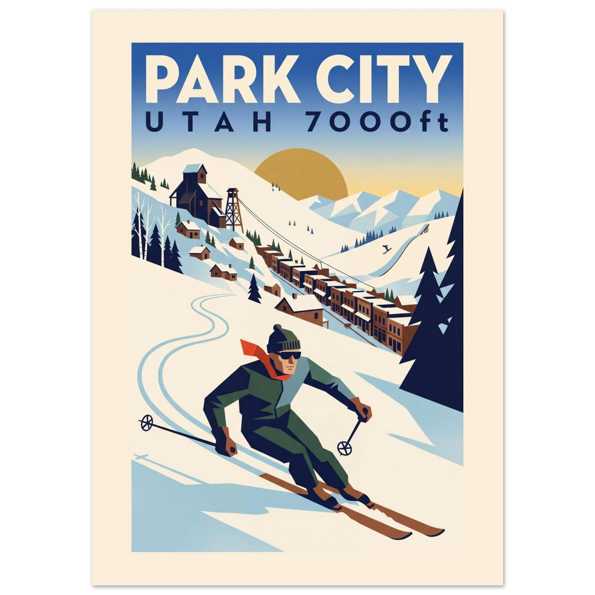 Park City Art Deco ski poster with mining-town main street, mine headframe and a skier
